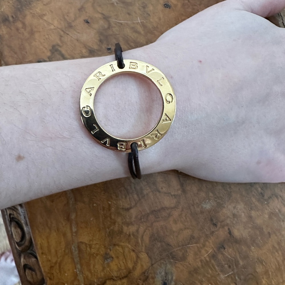 Bulgari 18k Gold and Black Leather Cord Authentic Signed Designer Bracelet